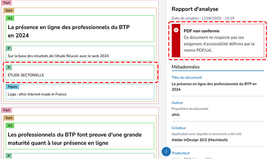 PDF HTML Checker visualisation highlighting tagging inconsistencies and displaying non-compliance in red.